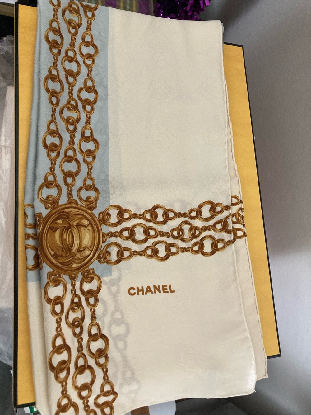 💗SOLD💗 CHANEL Cream & Light Blue Silk Chain-Logo Scarf